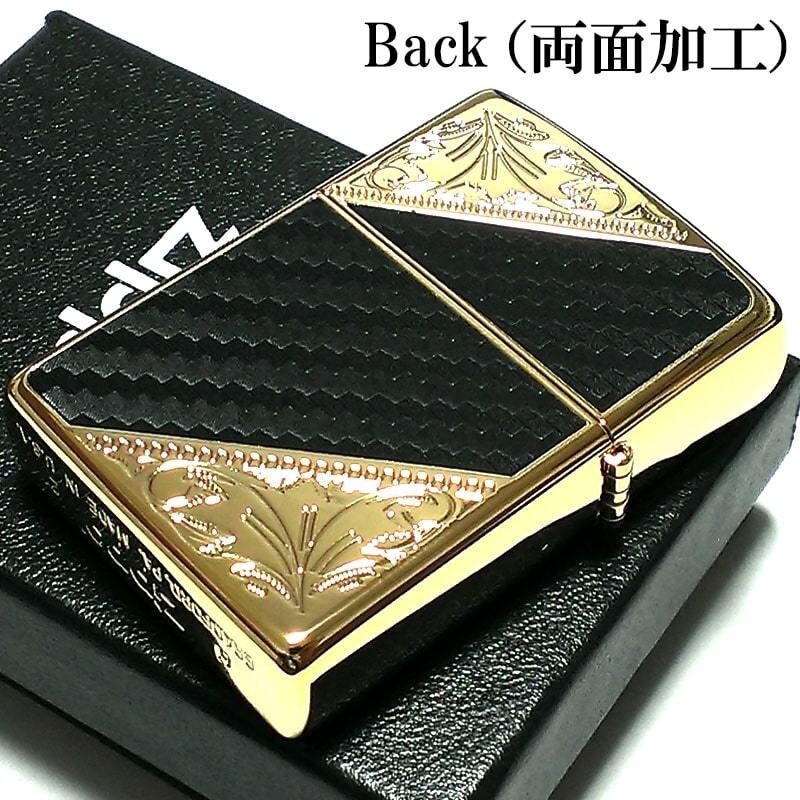 Zippo lighter Black Carbon Gold Etching Engraving 2 Sided Processing Regular