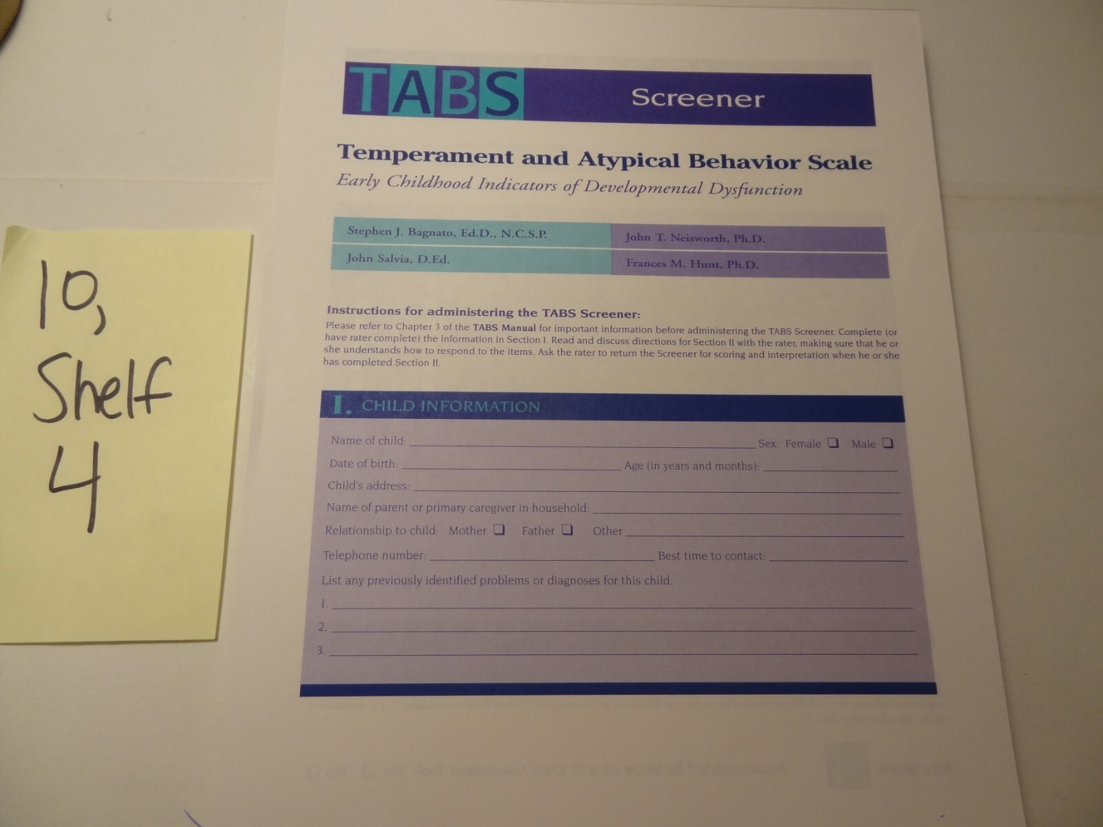 Temperament and Atypical Behavior Scale Screener Form as Shown