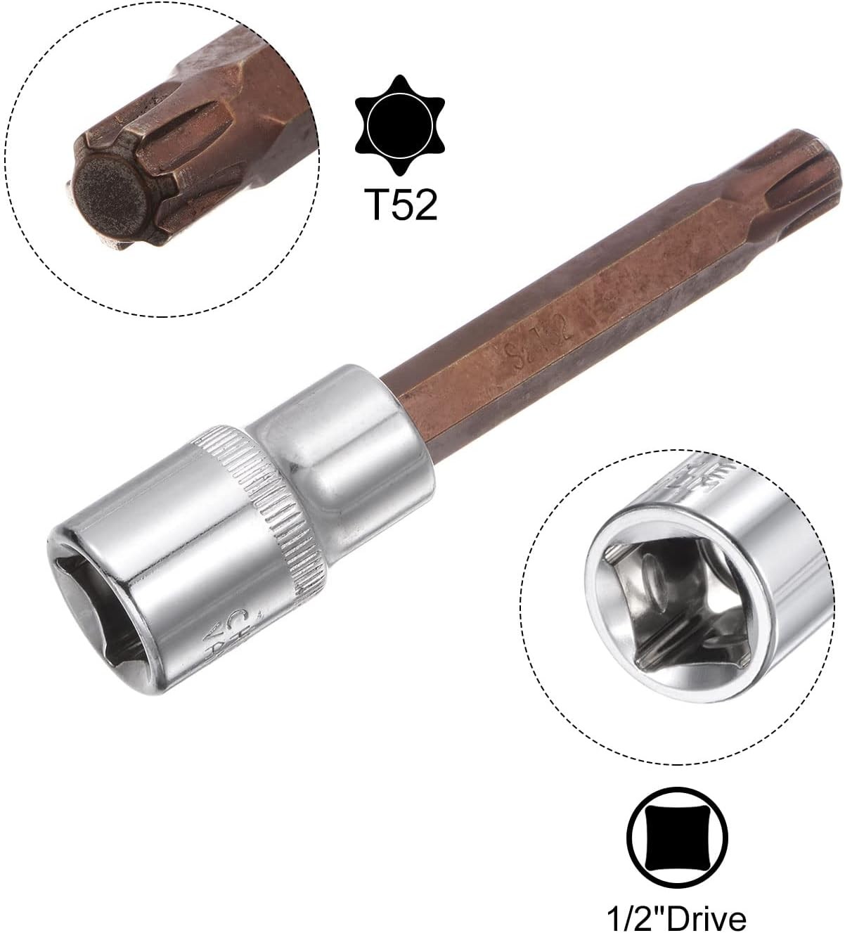uxcell T52 Torx Bit Socket, 1/2" Square Drive CR-V Sockets, S2 Steel Bits
