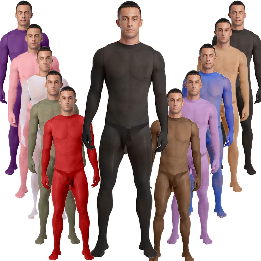 Men Unitard One-Piece Bodysuit Full-body Jumpsuit Silky Nightwear Sissy Opaque