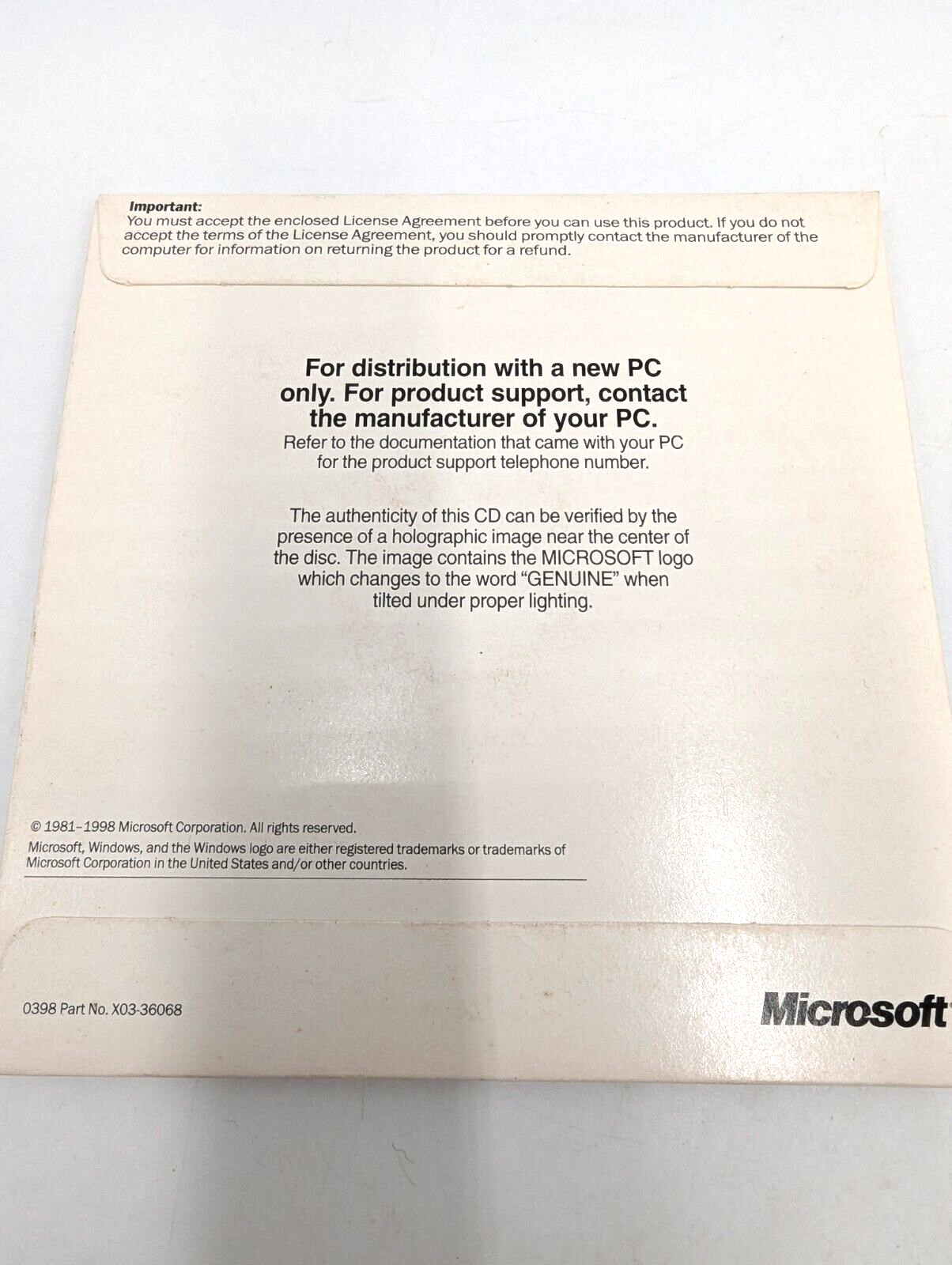 Microsoft Windows 98 CD-ROM CD Disc NO LICENSE KEY X03-36182 Clean Disc