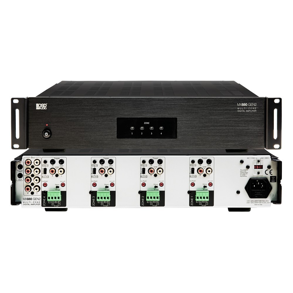 8-Channel Multizone Amplifier 80W/Ch, Front On/Off Switches, 4 Zones, Bridgeable