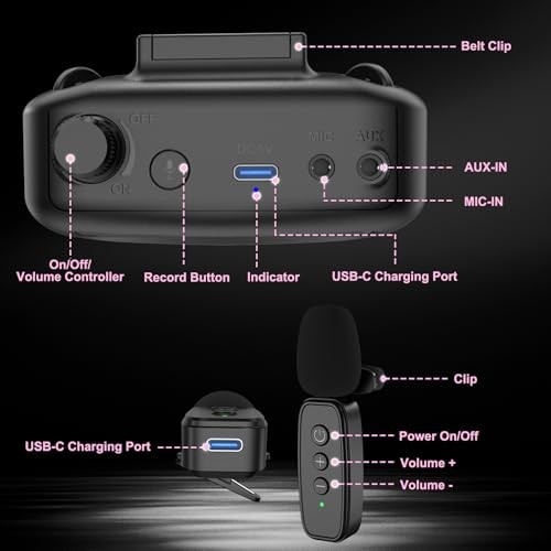Wireless Voice Amplifier with Lavalier Microphone, Portable Rechargeable Black