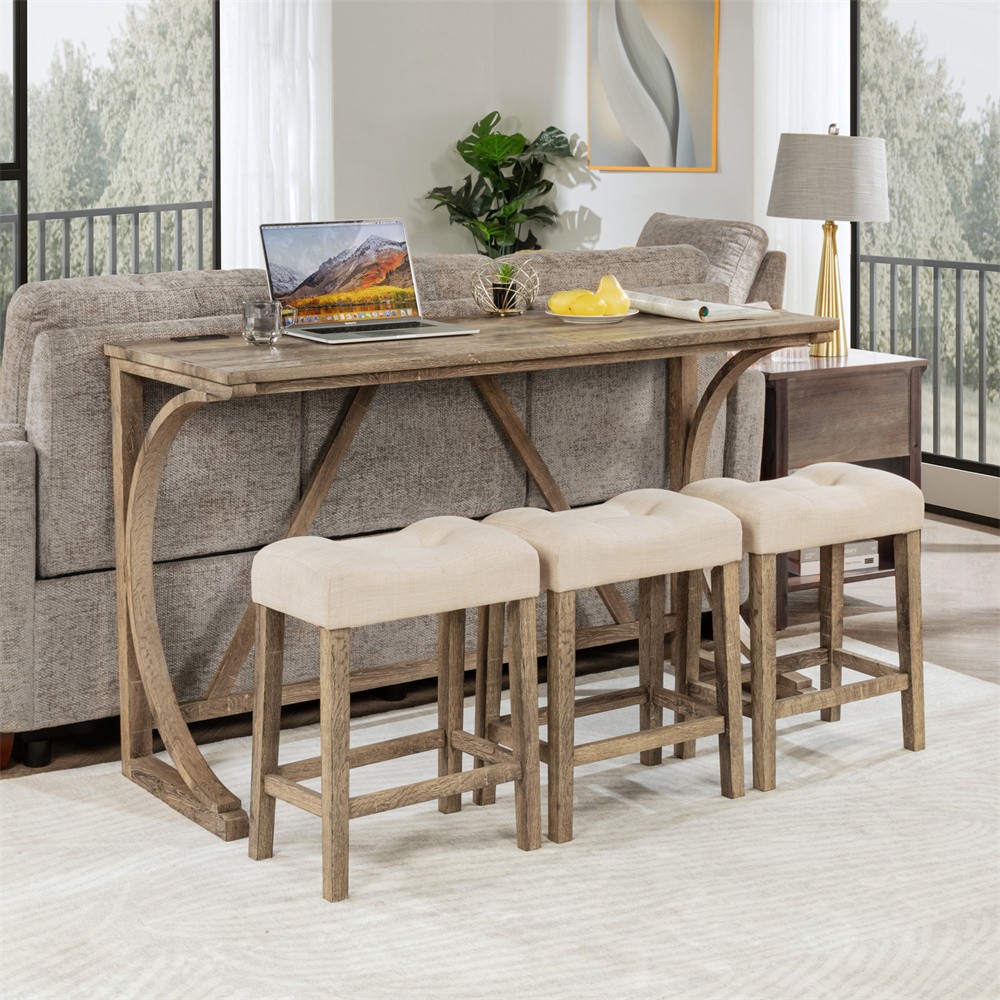 4 Piece Bar Table Set With Power Outlet C-shaped table and 3 upholstered chairs