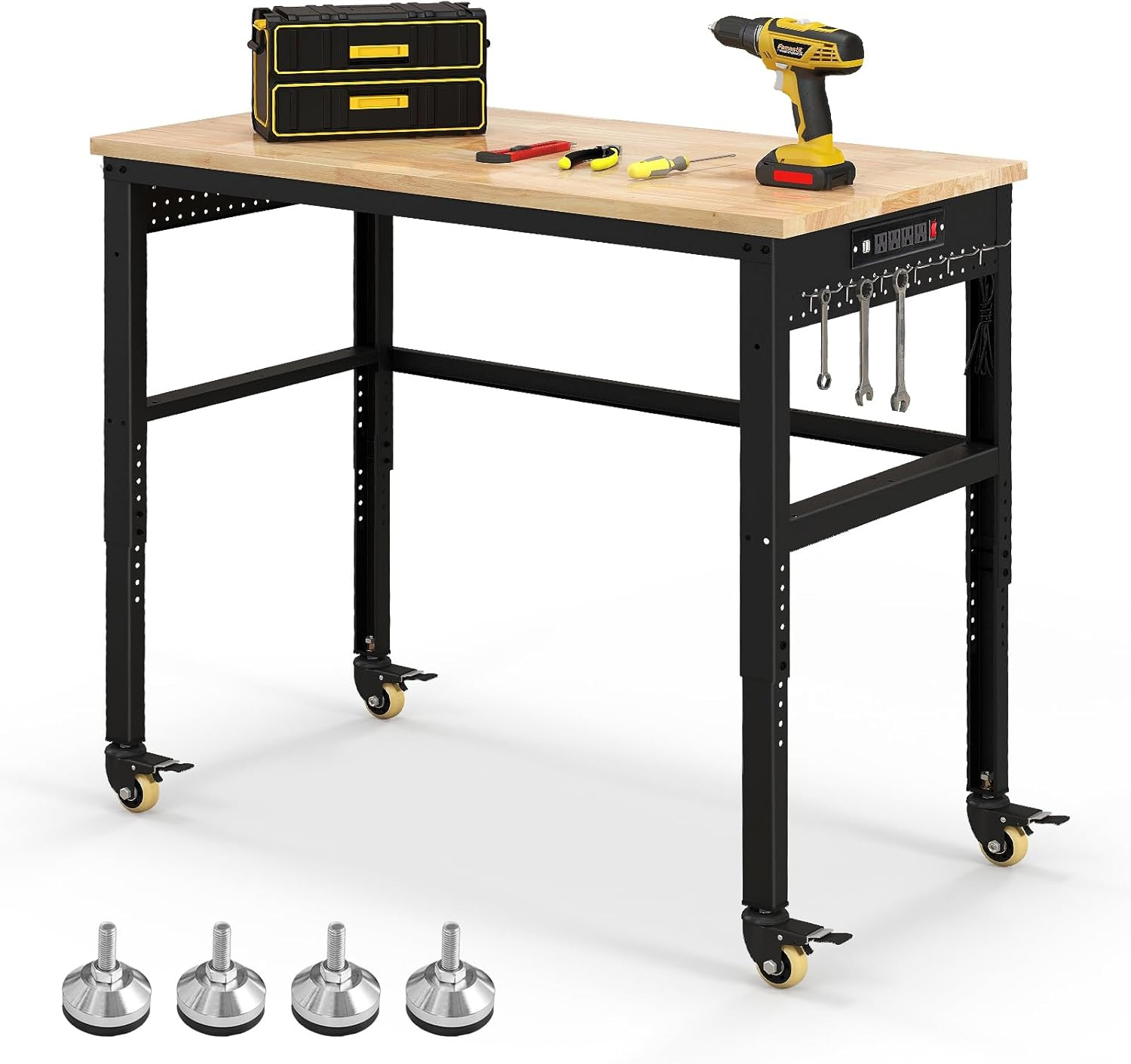 48'' Adjustable Work Bench with Wheels, 1760 LBS Heavy Duty Oak Wood Table Top W