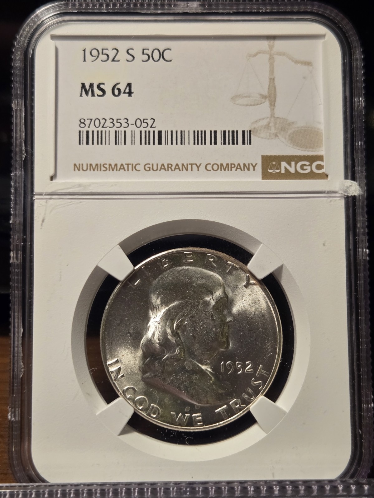 1952-S Franklin Silver Half Dollar NGC MS-64 - Semi-Key Date
