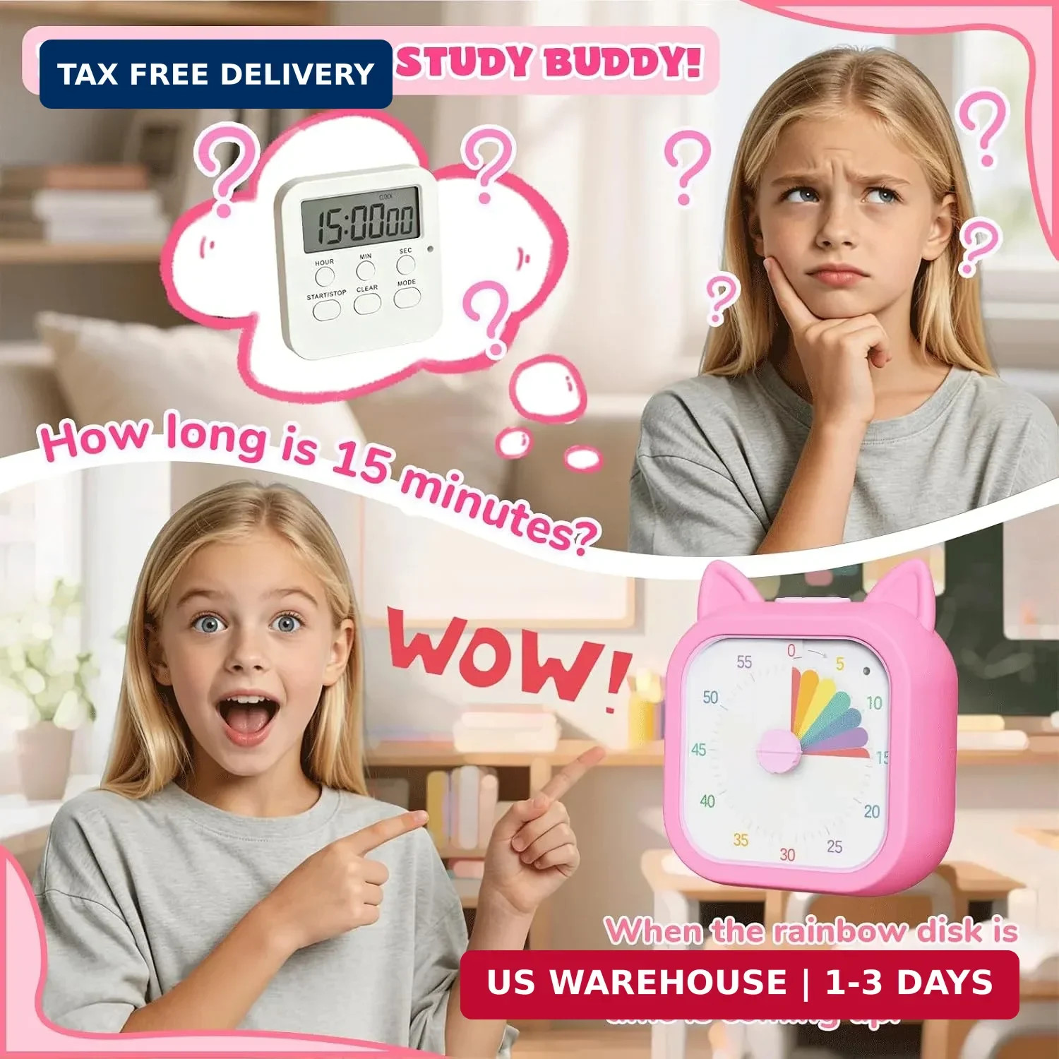 Visual Timer for Kids, 60 Minute Countdown Timer with Silent Operation, Cute Pom
