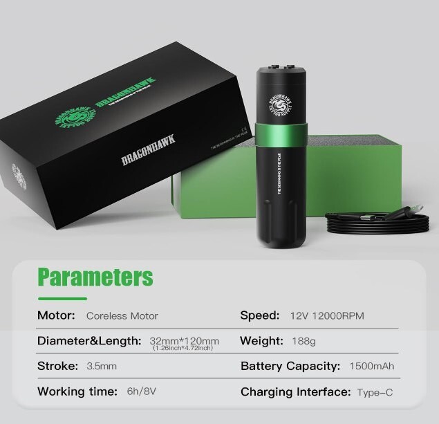 Dragonhawk Wireless Tattoo Pen Machine Gun Coreless Motor for Powerful Performa
