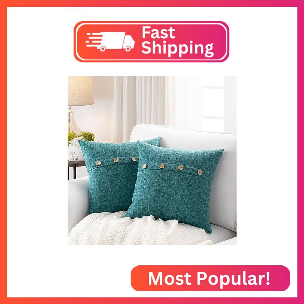 Meekio Set of 2 Teal Green Pillow Covers 18 x 18 Linen Pillow Covers with Coconu