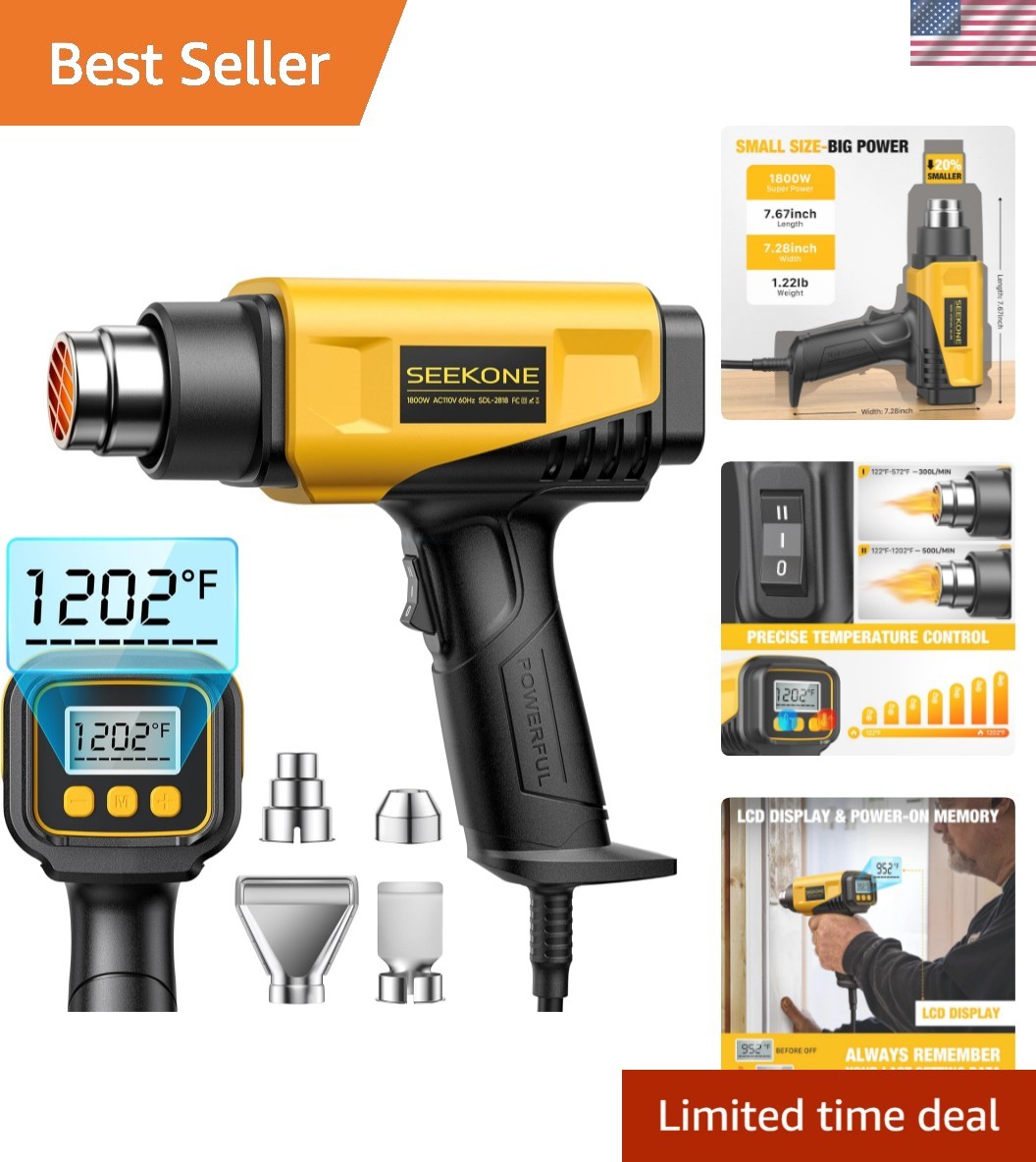 1800W Heat Gun with LCD Digital Display Compact Design Hot Air Gun Variable T...