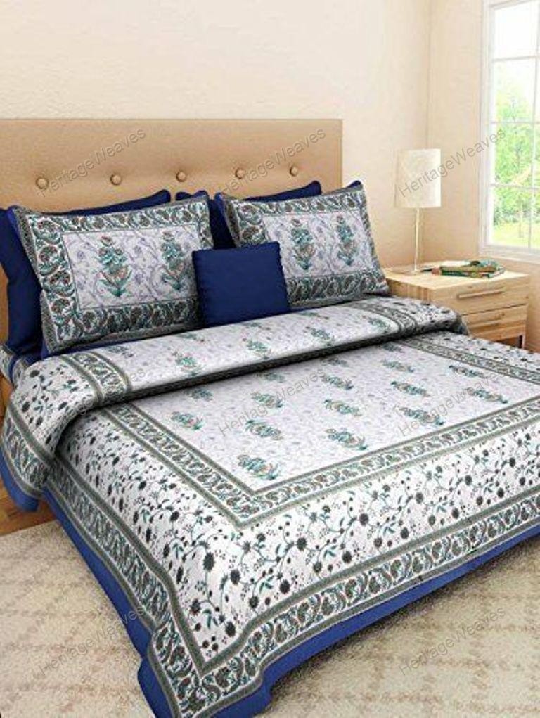 Jaipuri Printed Sanganeri Cotton Double Bed Sheet With 2Pillow Cover 90x108 KING