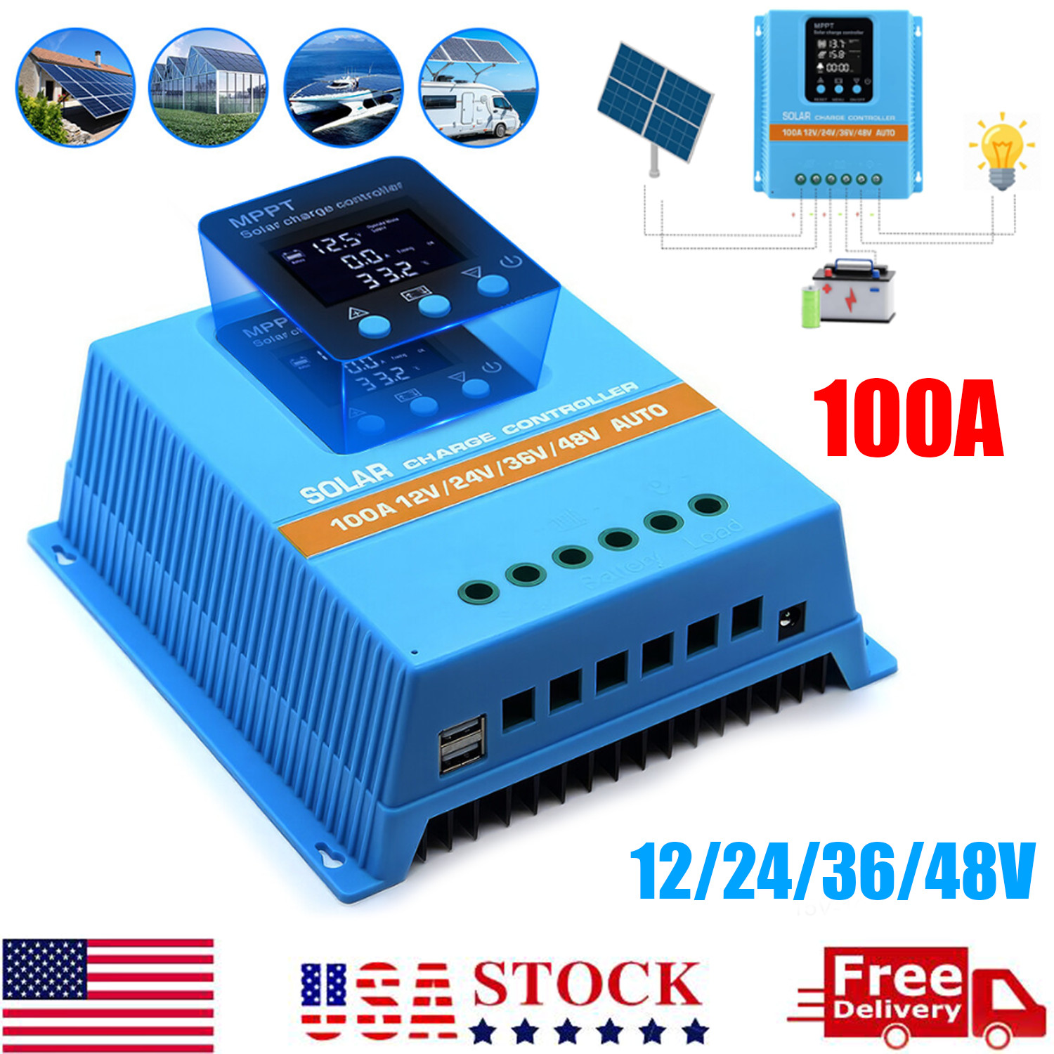 Upgrade 100A 12V/24V/36V/48V MPPT Solar Charge Controller PV Charger Controller