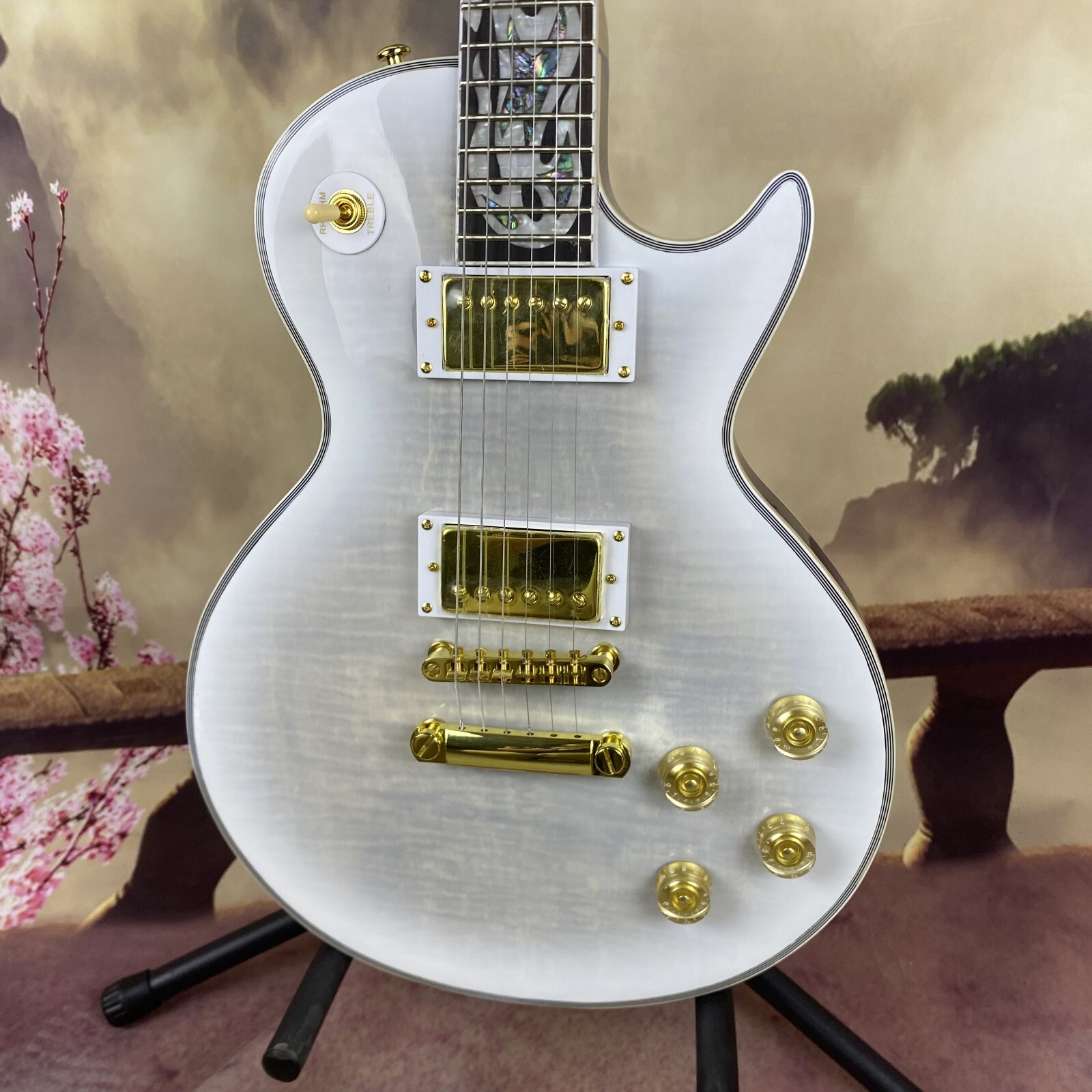 Custom 6 String Electric Guitar Gold Hardware Flame Maple Shell Abalone Inlay