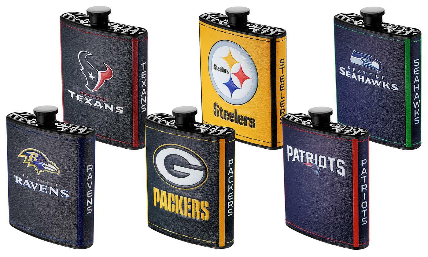 NFL Team Flask 7oz With Funnel, Plastic PU Leather Wrapped - Choose Team