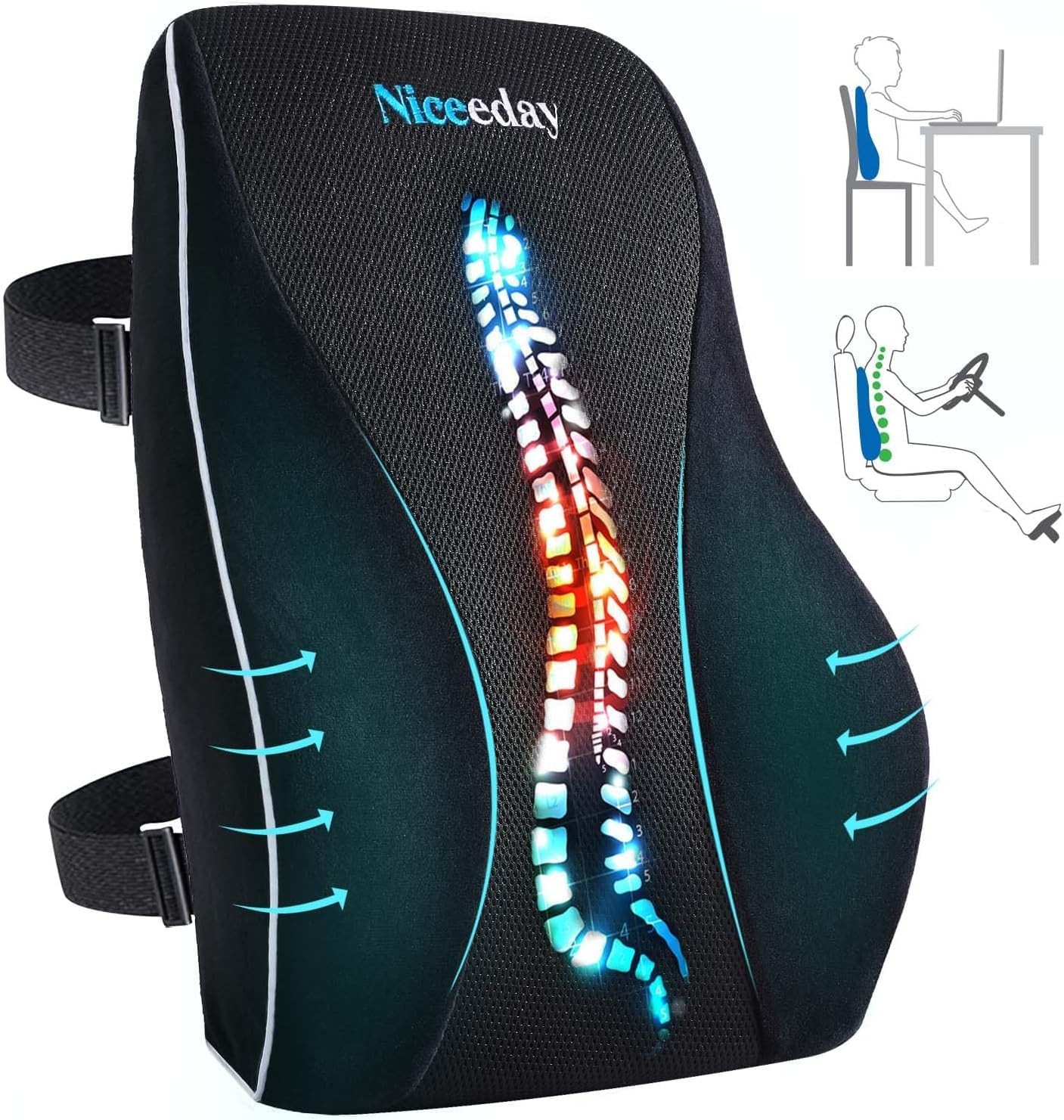 Niceeday Lumbar Support 16.31*17.94*4.69in, 3d Full Back Pillow/Black