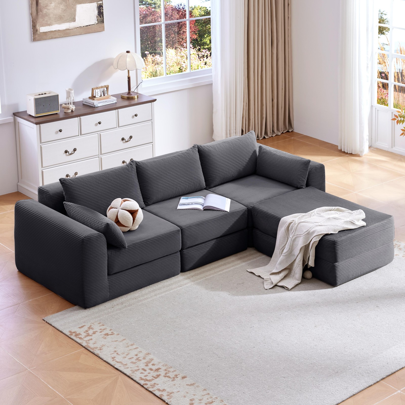 Upholstered Sectional Sofa 100" L-Shaped Corduroy Grey Modular