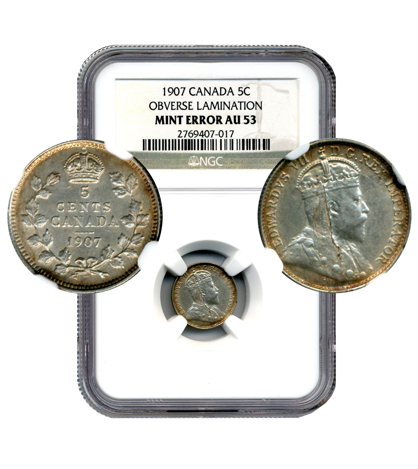 1907 Canada 5 Cents, MINT ERROR, Obverse Lamination - About UNC, NGC AU53
