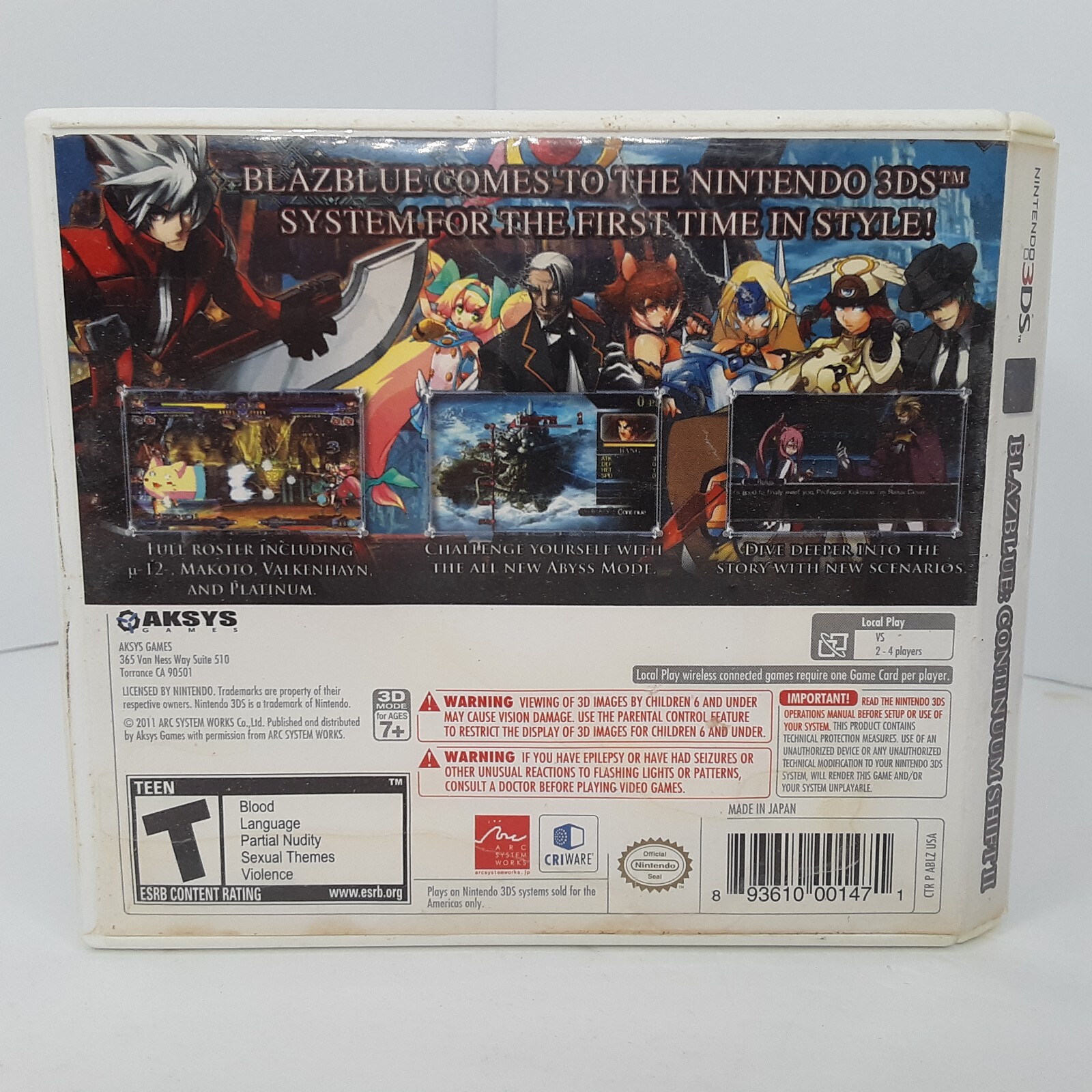 BlazBlue: Continuum Shift II (Nintendo 3DS, 2011) Case and Manual Only Cleaned