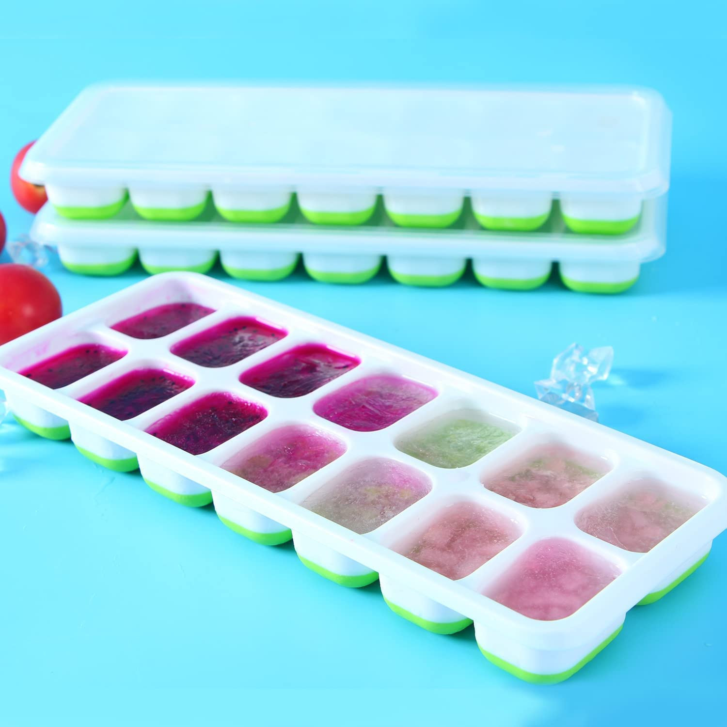 Silicone Ice Cube Trays Reusable Molds Spill-Resistant Removable Lid 3 Pack