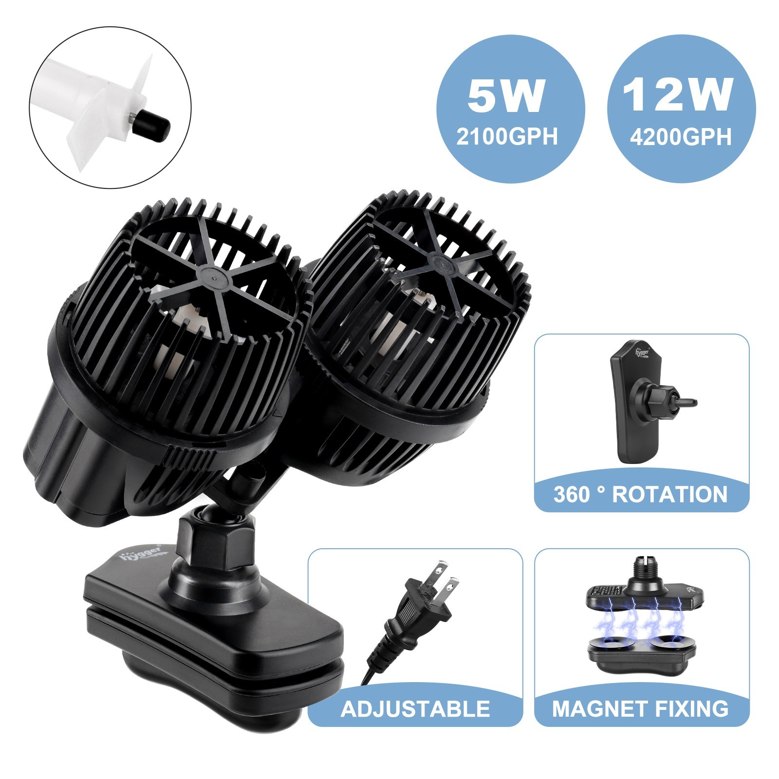hygger Double Head Wave Maker 2100/4200GPH 360° Magnetic Circulation Pump