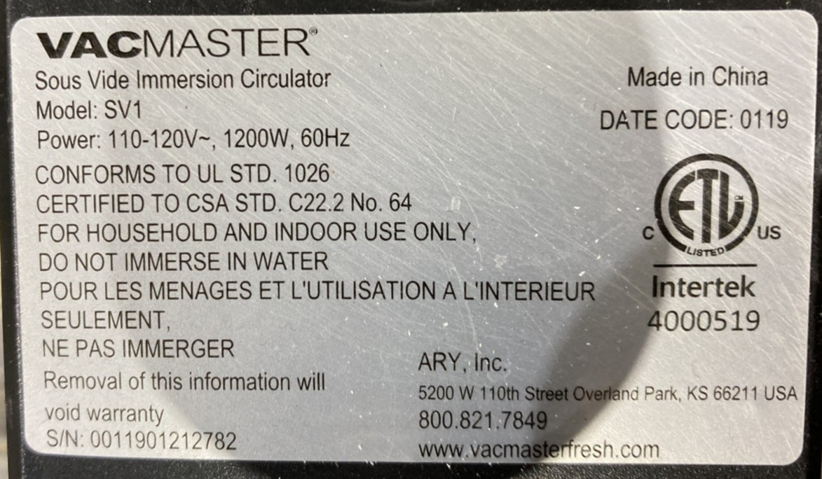 VacMaster SV1 Sous Vide Immersion Calculator