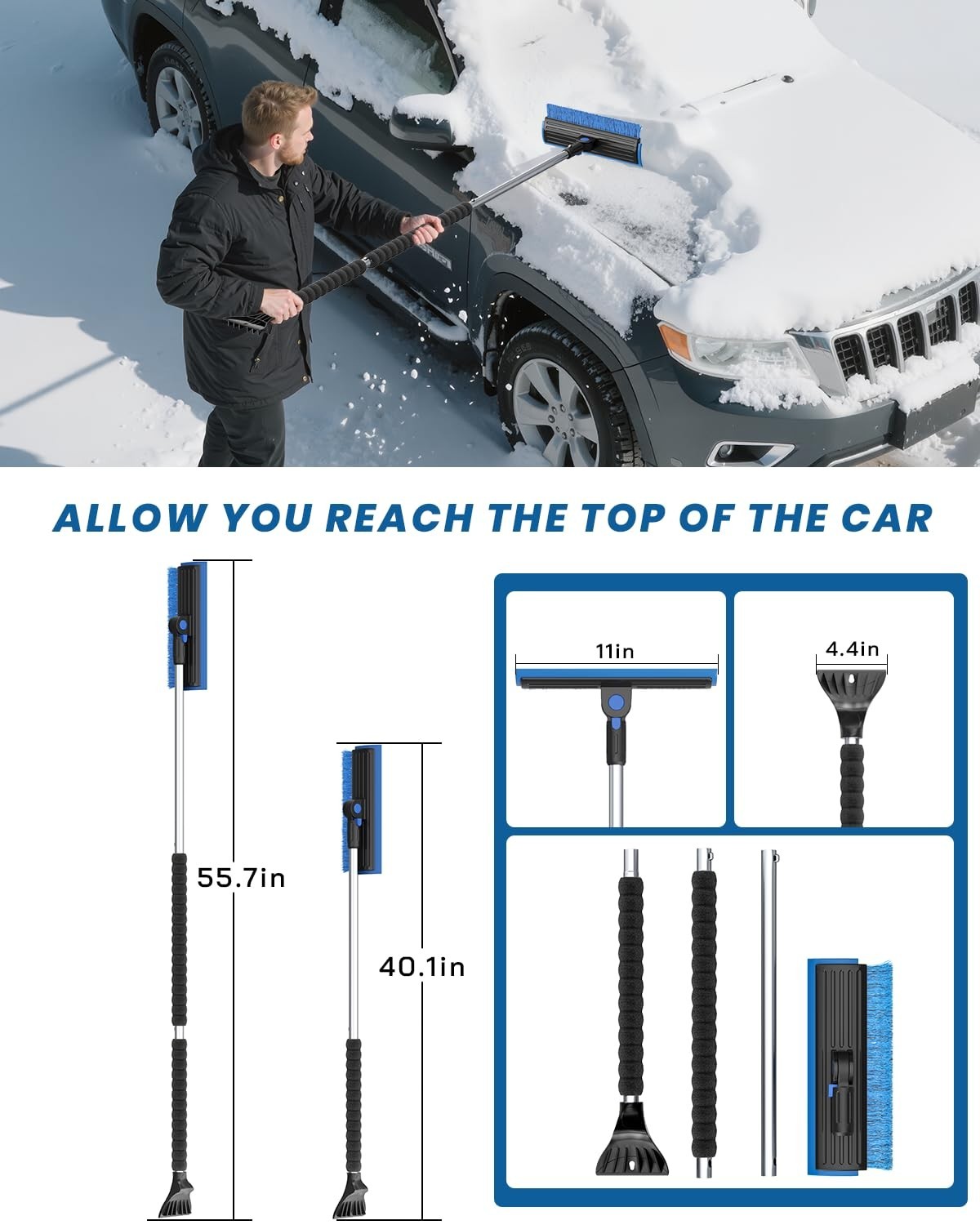 55.7" Snow Brush & Ice Scraper for Car Windshield - Extra Long, Foam Grip, Pivot