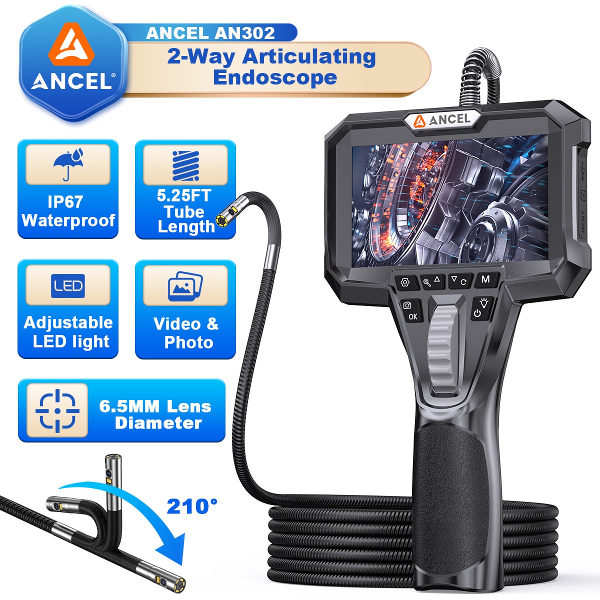 ANCEL Endoscope Camera TwoWay 210° Industrial Inspection Articulating Borescope