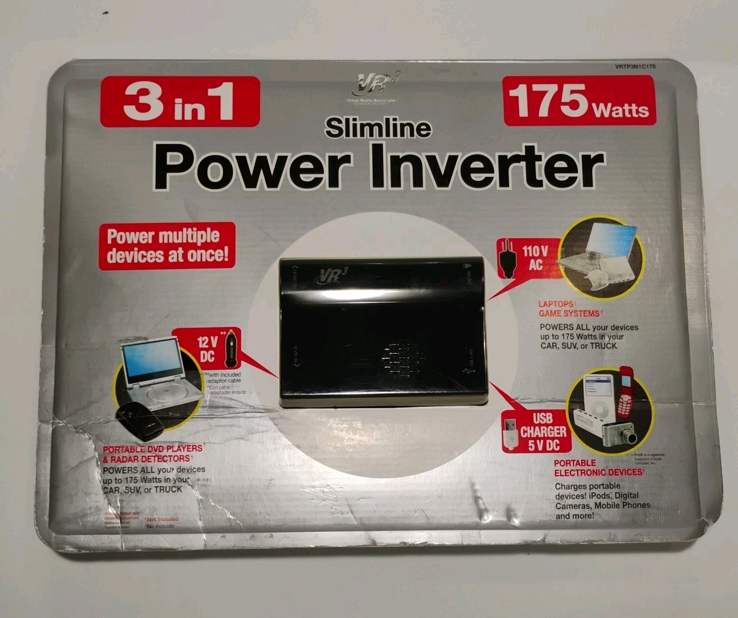 VR3 Slimline Power Inverter 175 Watts 110AC 12V DC 5V USB. Brand NEW