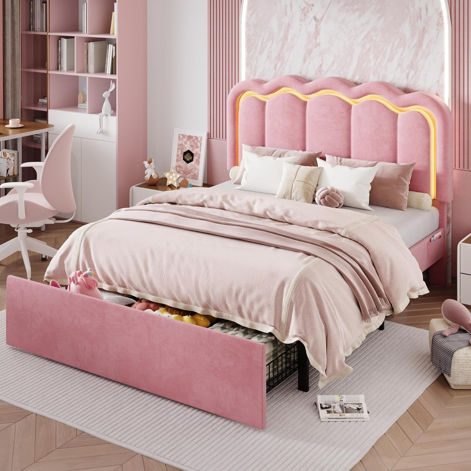Soft Pink Velvet Full Bed Frame with LED Lights & Storage Drawer, Easy Assembly