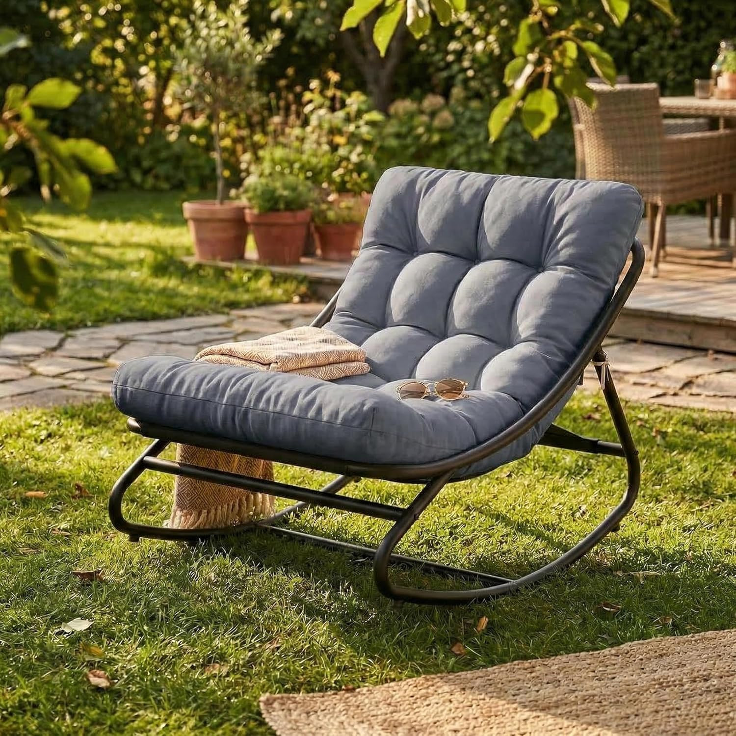 Papasan Rocking Chair, Indoor Outdoor Metal Patio Rocker with Comfy Cushion, 300