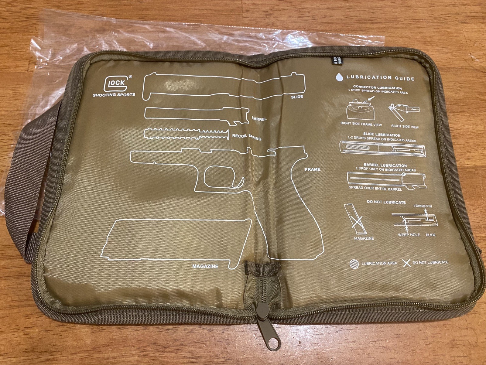 GLOCK PERFECTION SINGLE PISTOL CASE/PISTOL BAG O.D GREEN W/ CLEANING DIAGRAM G17