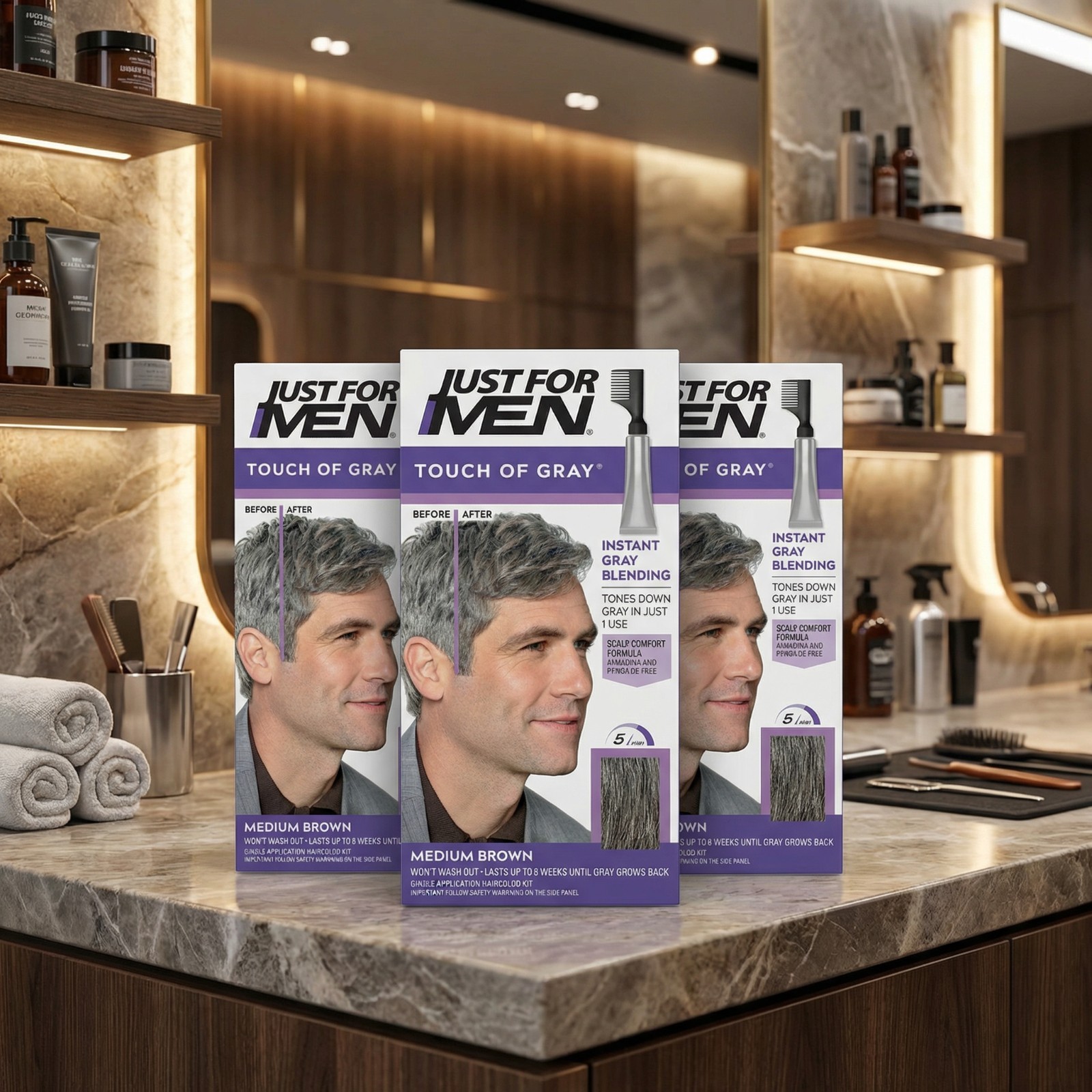 Touch of Gray Hair Color T-35 Medium Brown Just For Men Comb Application 3 Pack