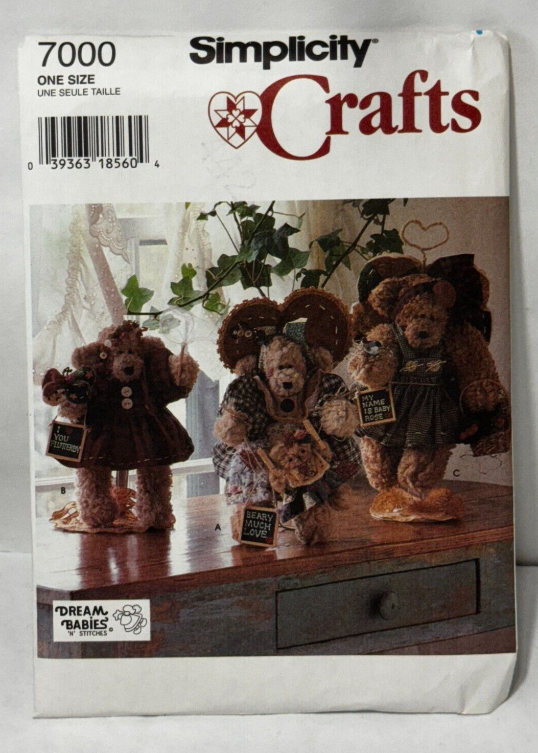 Simplicity #7000 BEARS WITH CLOTHES & ANGEL WINGS 12"  Sewing Pattern Uncut