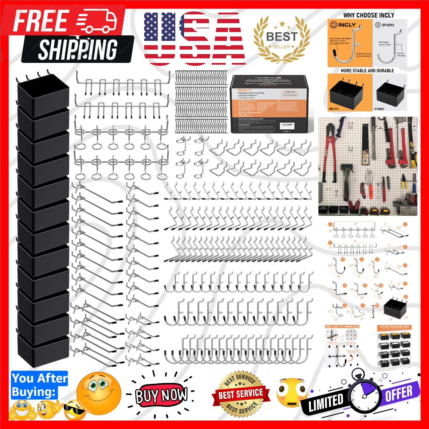 278PCS Pegboard Accessories Organizer Kit, Peg Board Hooks Assortment with Bi...