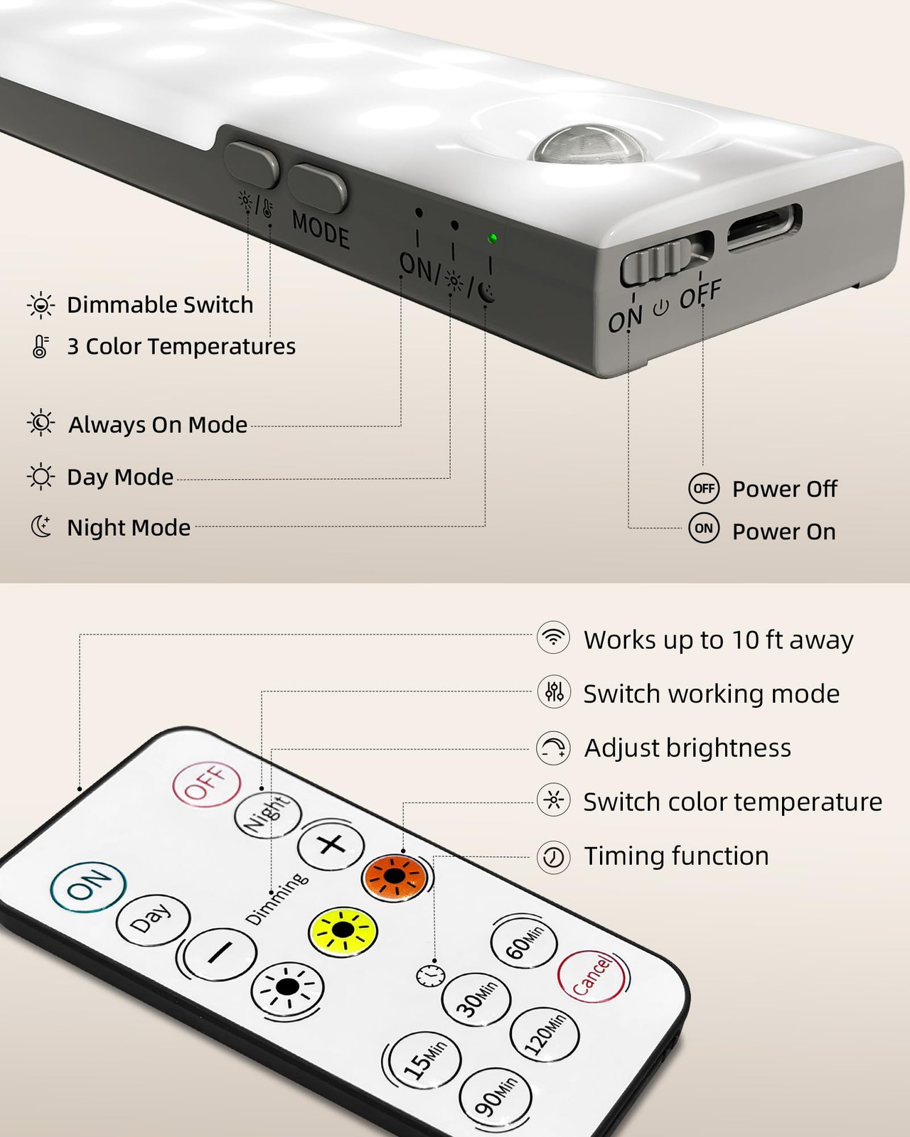 3 PCS 62 LED Under Cabinet Lights Rechargeable Motion Sensor 3 Colors Remote