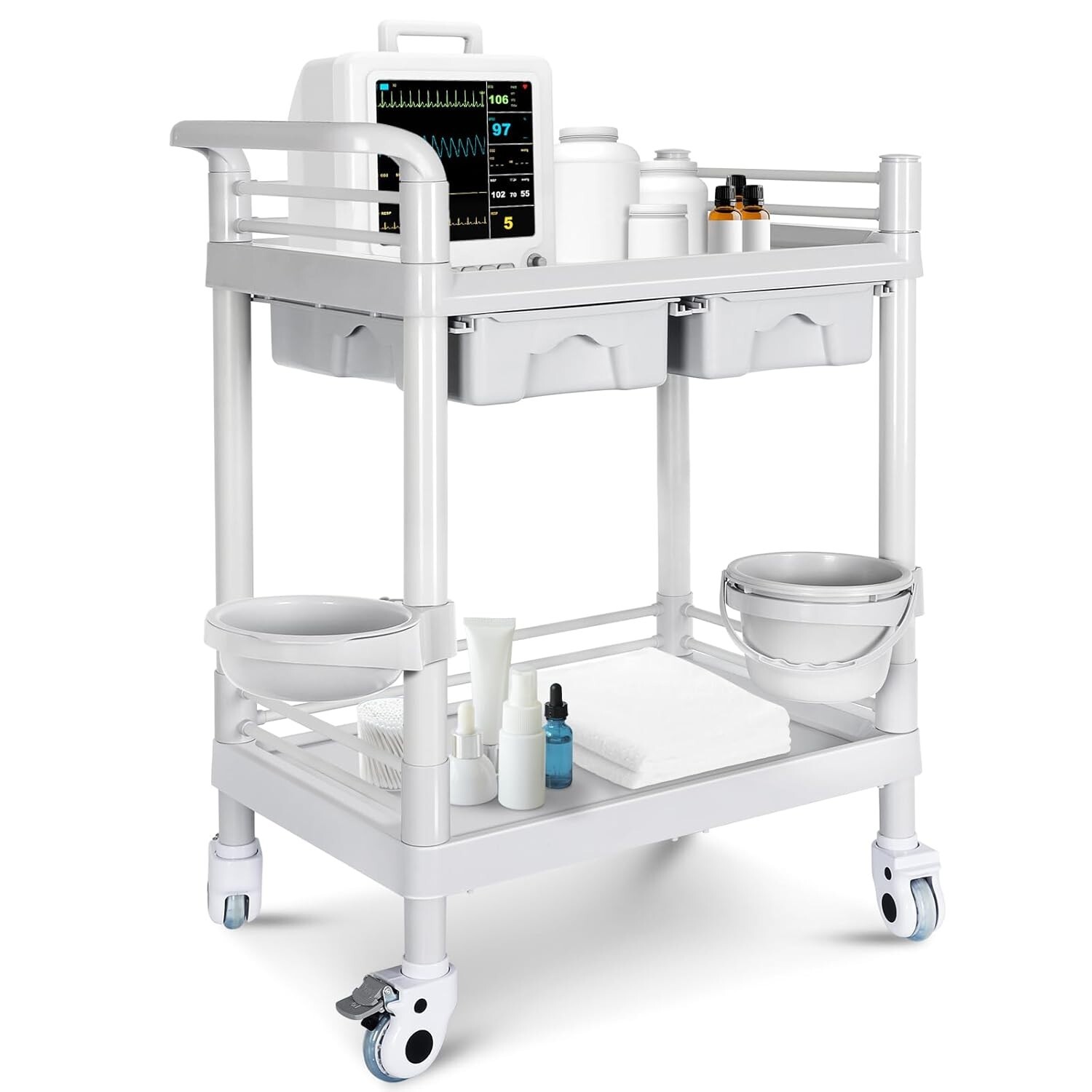 Mobile Trolley Cart with Wheels 2-Shelf Medical Rolling Trolley 330Lbs Max Load
