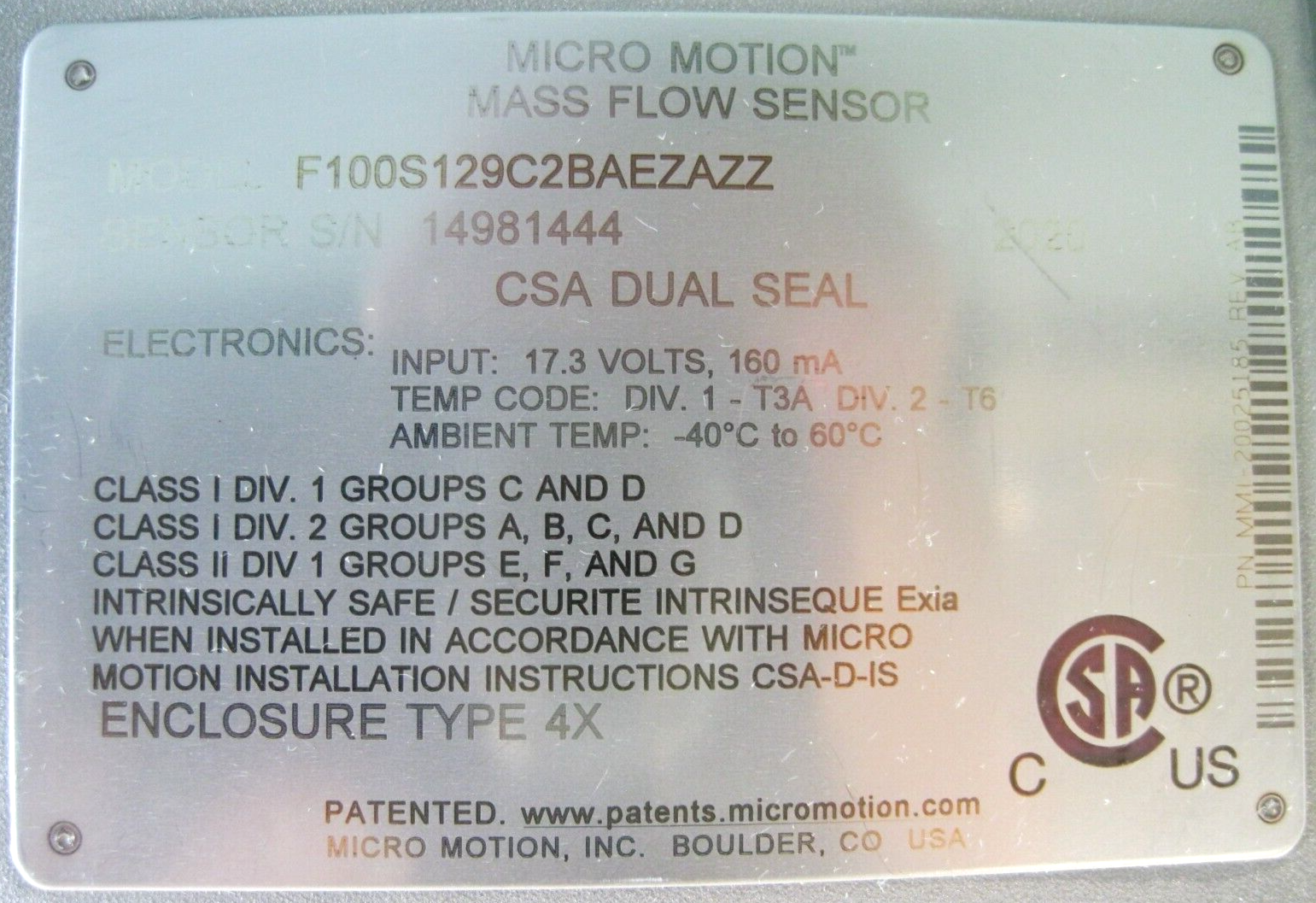 1" 300# Micro Motion F100 S129C2BAEZAZZ Sensor 800 Core Processor 2020 CAL. E18