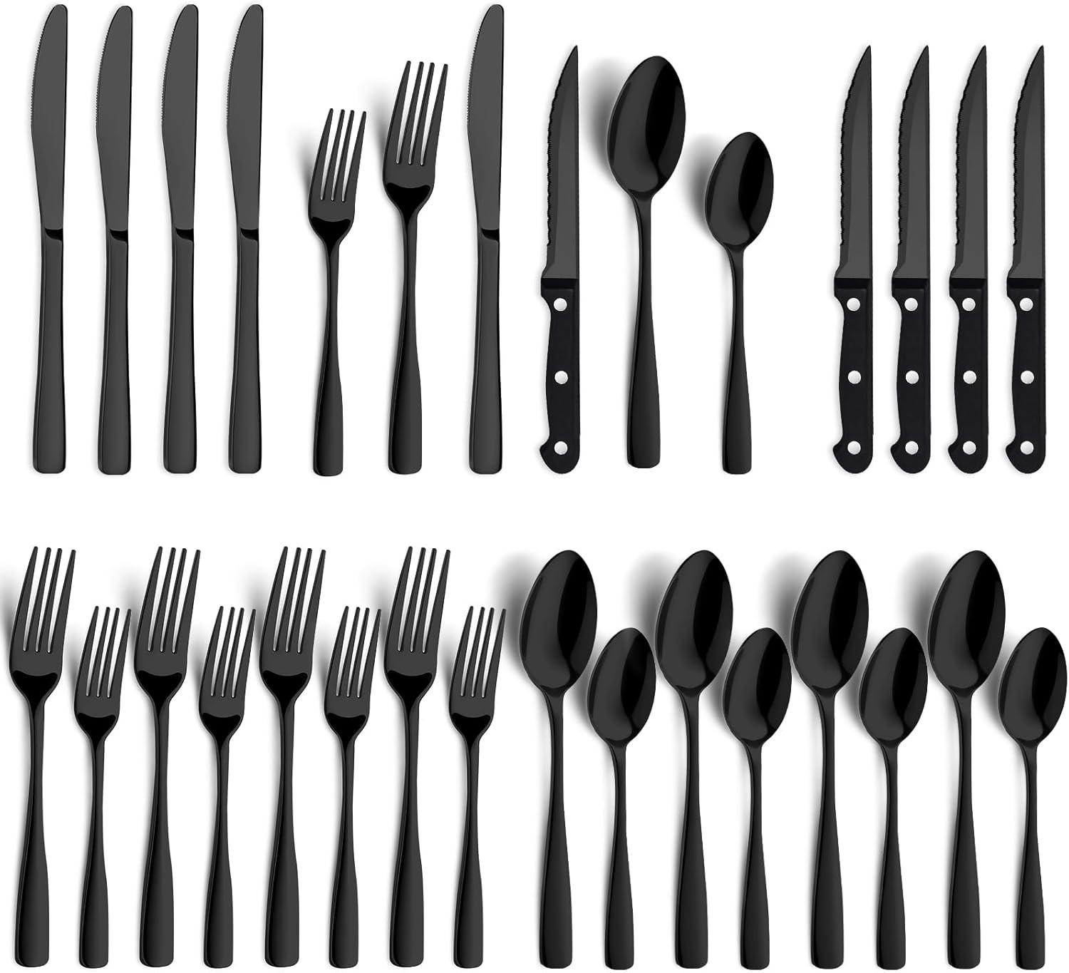 24 Piece Black Silverware Set - Service for 4 - Stainless Steel Silverware Set w