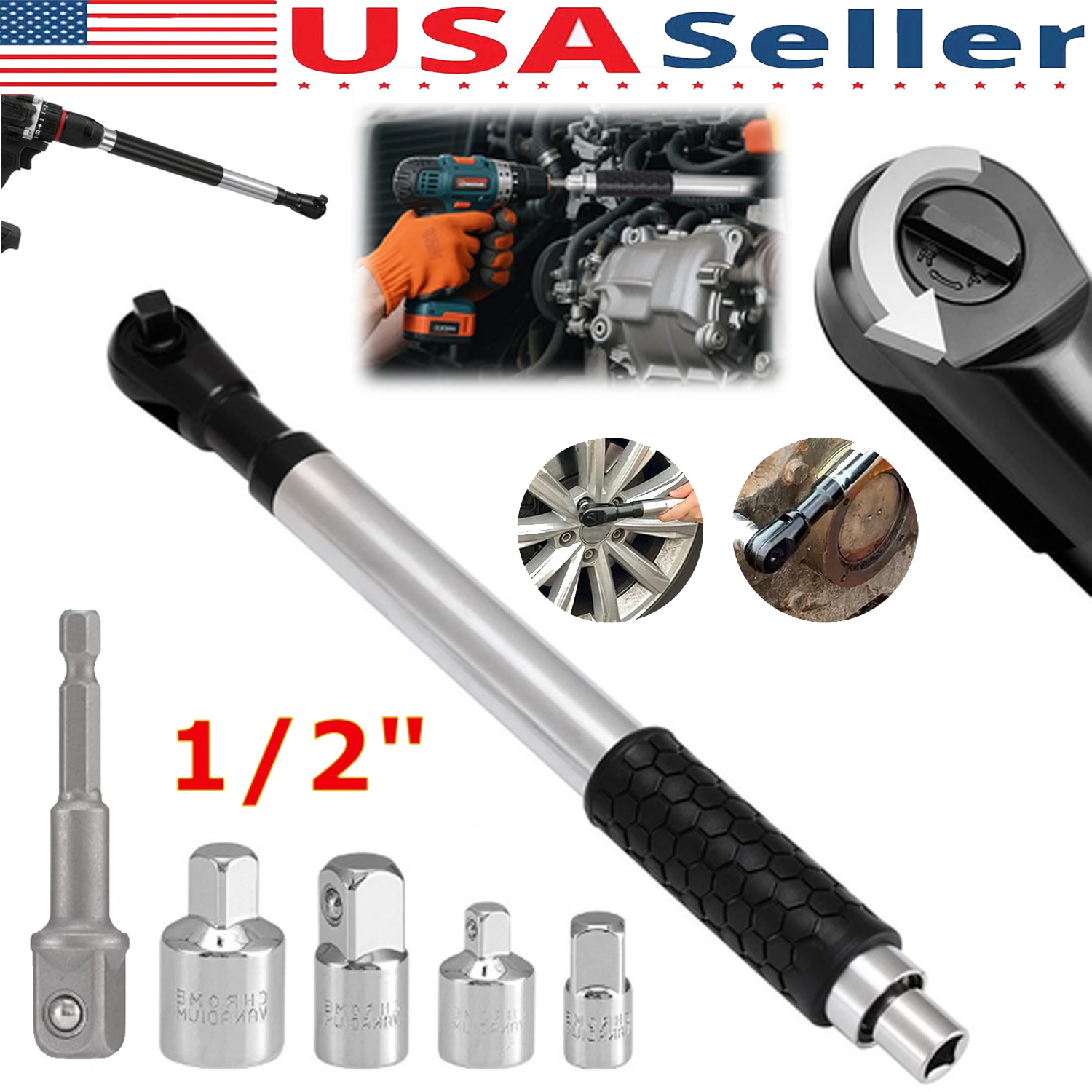 1/2" Offset Extension Wrench Impact Ratchet Extender for Electric Drill 3/8" 1/4
