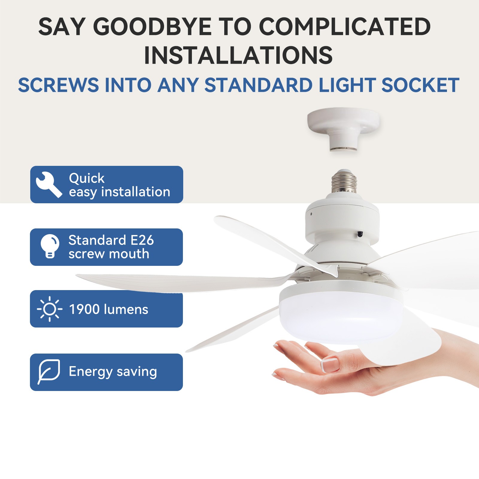 20" Adjustable Socket Ceiling Fan Light 3-Color Temp LED Chandelier With Remote