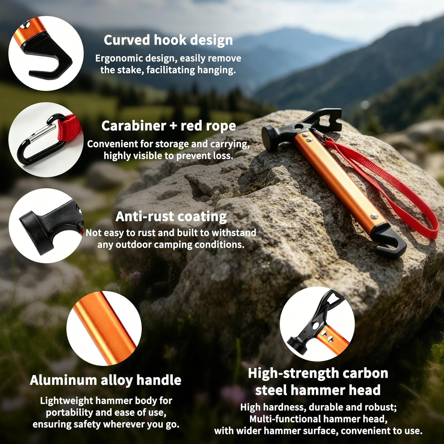 Bright Orange 12" Camping Hammer - Lightweight, 3-in-1 Functionality for Hikers