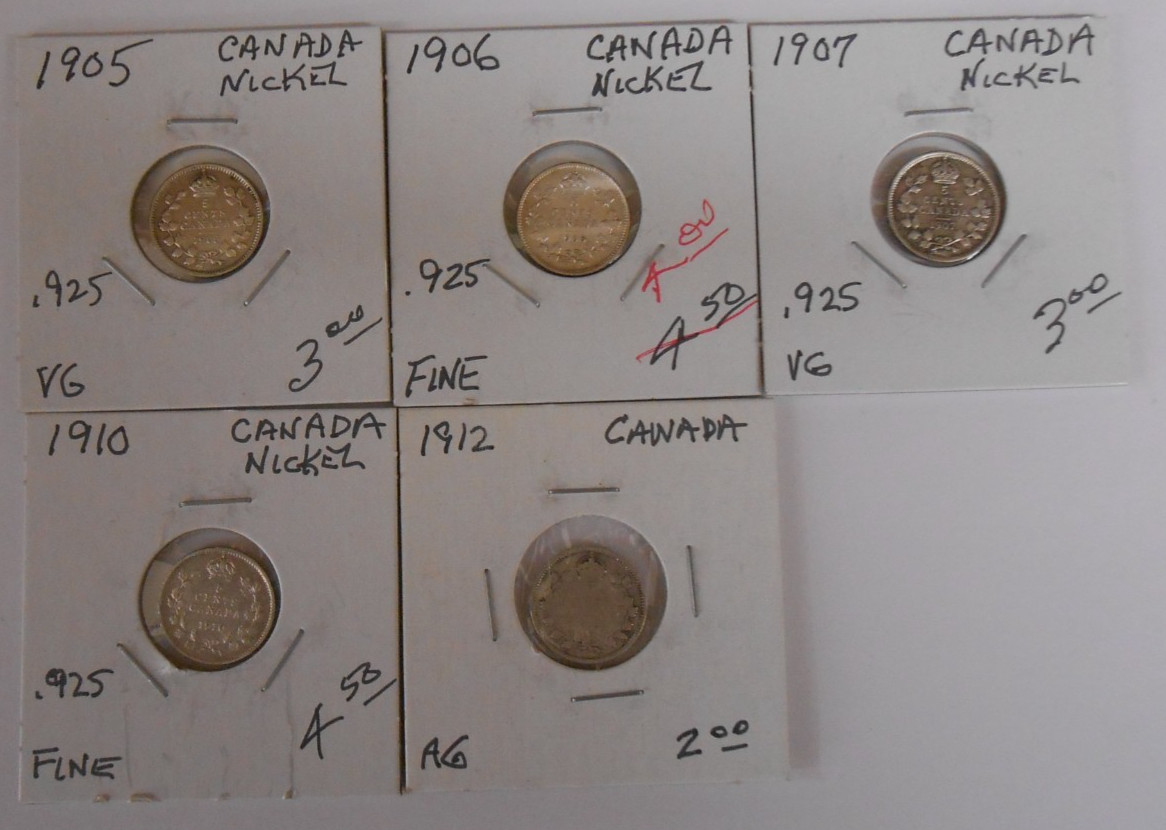 1905, 1906, 1907, 1910 and 1912 CANADA 5 CENTS - VERY GOOD, ABOUT GOOD and FINE