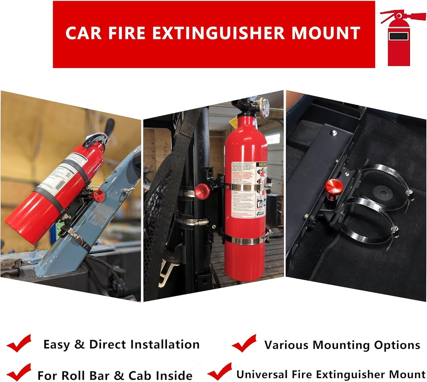 Quick Release Fire Extinguisher Mount - Aluminum Adjustable UTV Roll Bar Fire Ex