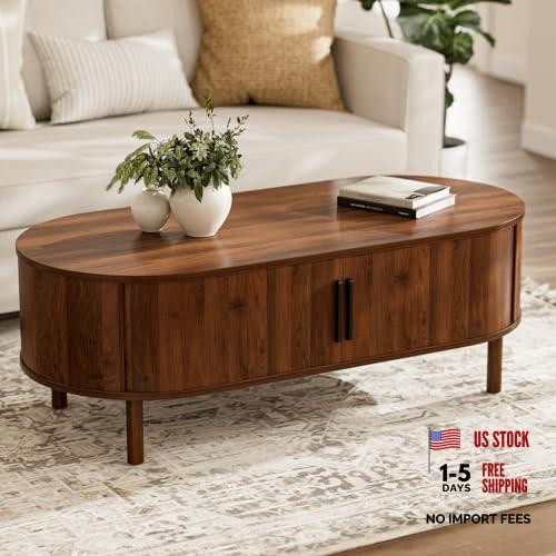 Mid-Century Walnut Oval Coffee Table with Sliding Doors - Walnut_lsj032-wa