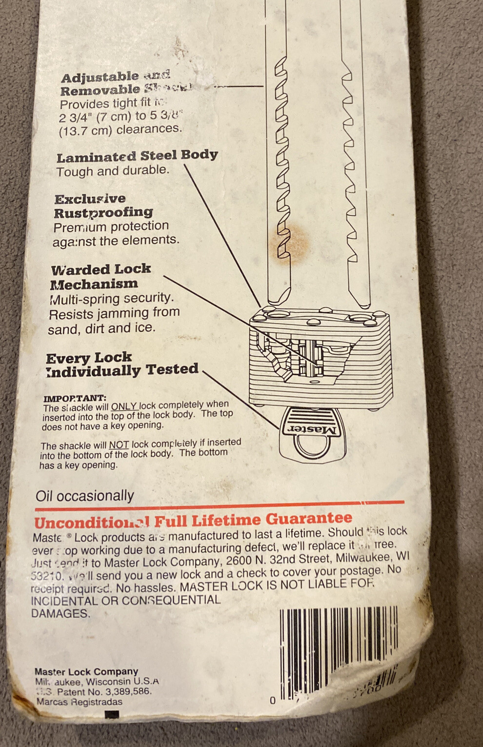 Master Laminated Padlock 517-D XLong Removable & Adjustable Shackle *Made in USA