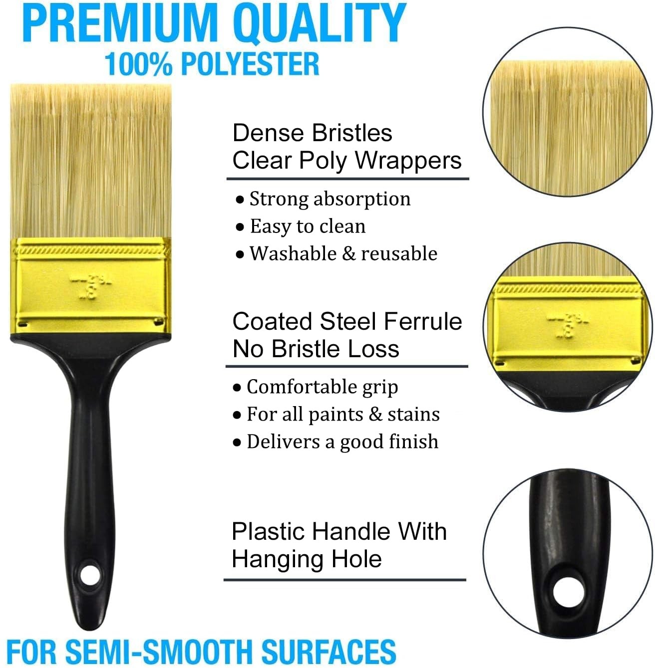 Great Andrew Paint Brushes, 5 Pack Great Value Multi use(3" 2" 1.5" 1" Flat &...