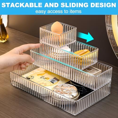 7PCS Clear Drawer Organizers Bins, 4 Size Stackable Makeup Drawer 7 Pack