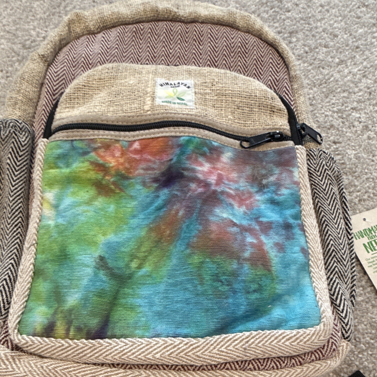 Himalayan Hemp Hemp Tie-Dye Backpack Front Zip Pocket Adjustable Straps M