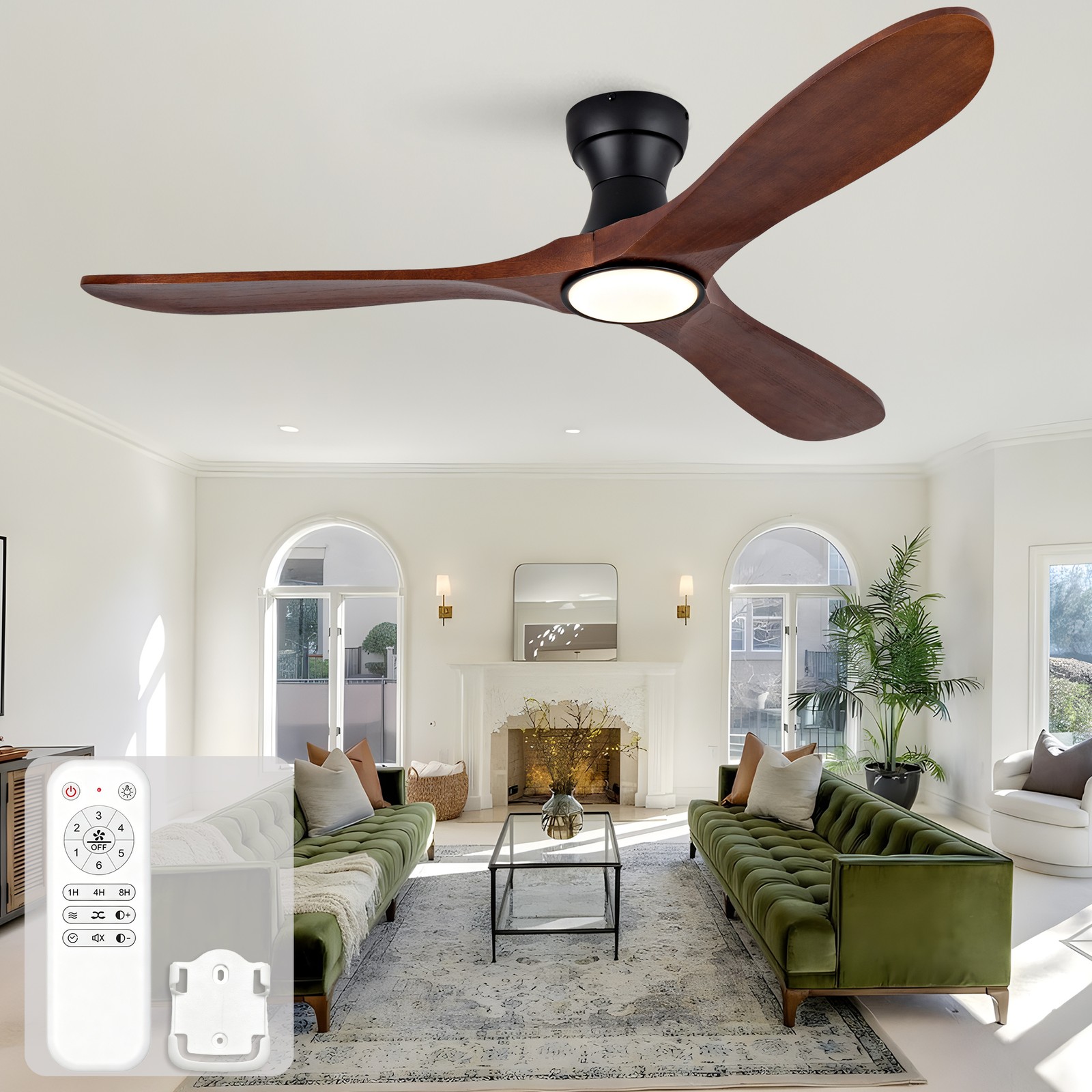 52"recessed ceiling fan with light, remote control,solid wood blades,dimmable