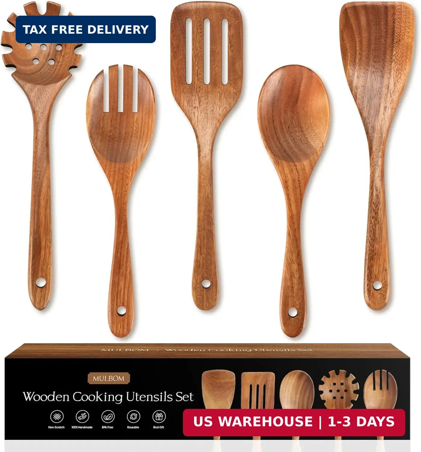 5 PCS Wooden Spoons for Cooking Natural Teak Kitchen Utensils Set Smooth Non-Sti